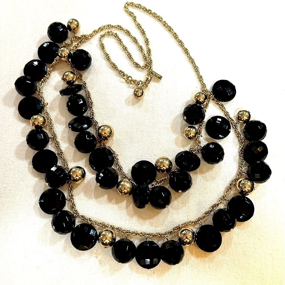 Kate Spade Double Strand Layered Faceted Black & Gold Bead Necklace 29”- EUC